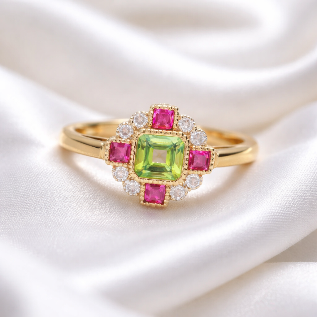 Peridot, Pink Ruby and Diamond Art Deco Reproduction 9ct Yellow Gold Ring | Size O