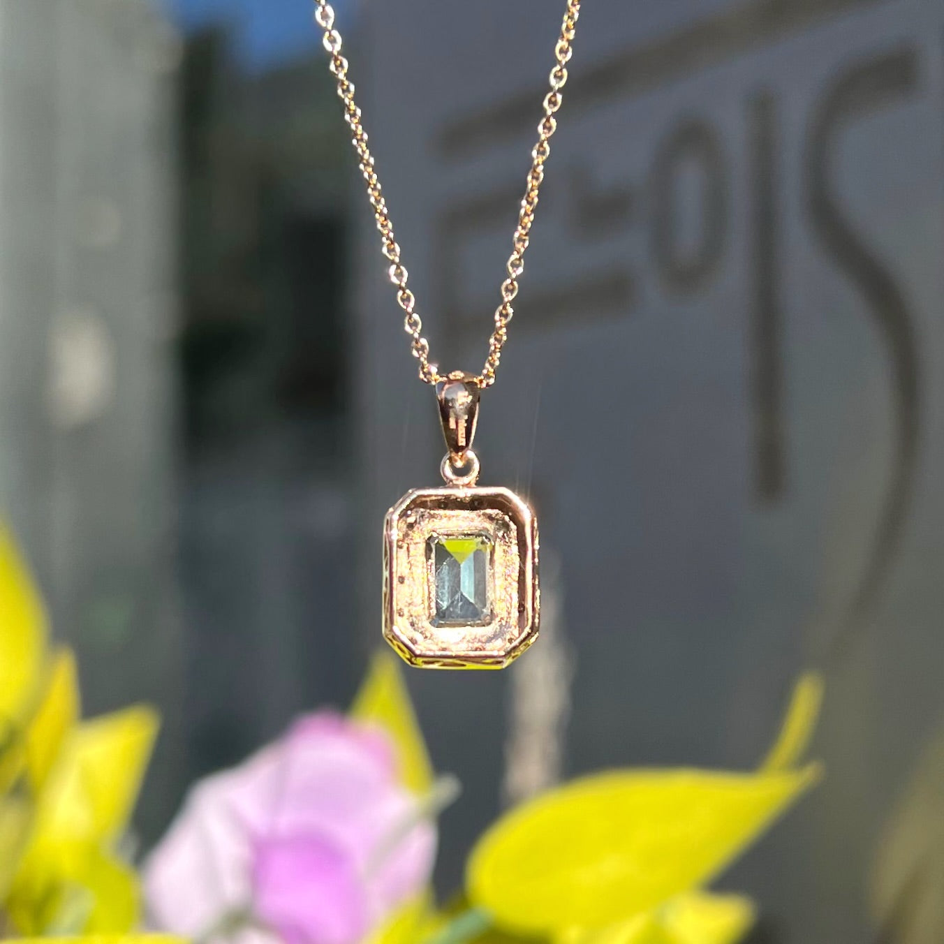 9ct Yellow Gold Aquamarine and Diamond Dainty Art Deco Inspired Necklace