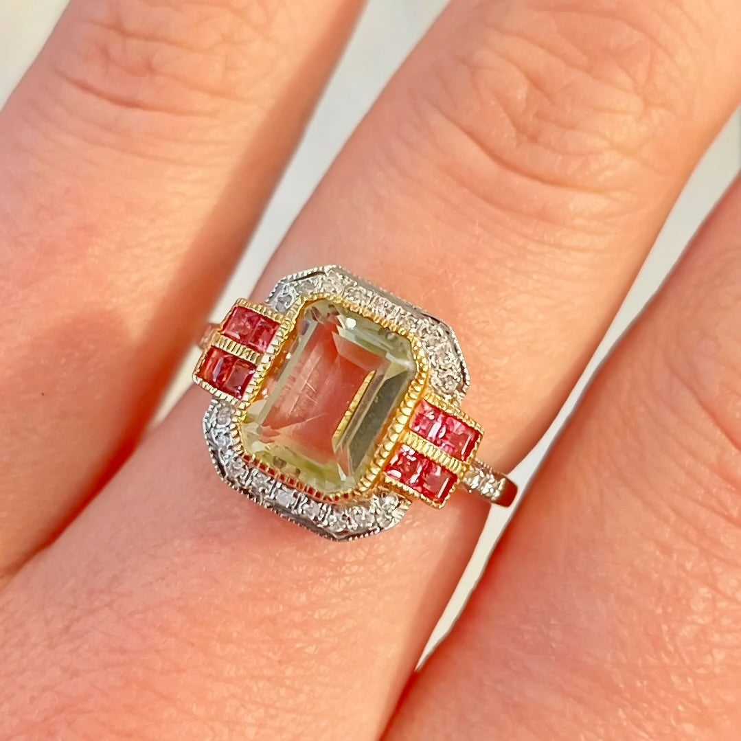 RESERVED | Art Deco Inspired Green Amethyst and Pink Tourmaline 9ct Yellow Gold Ring | Size O ½