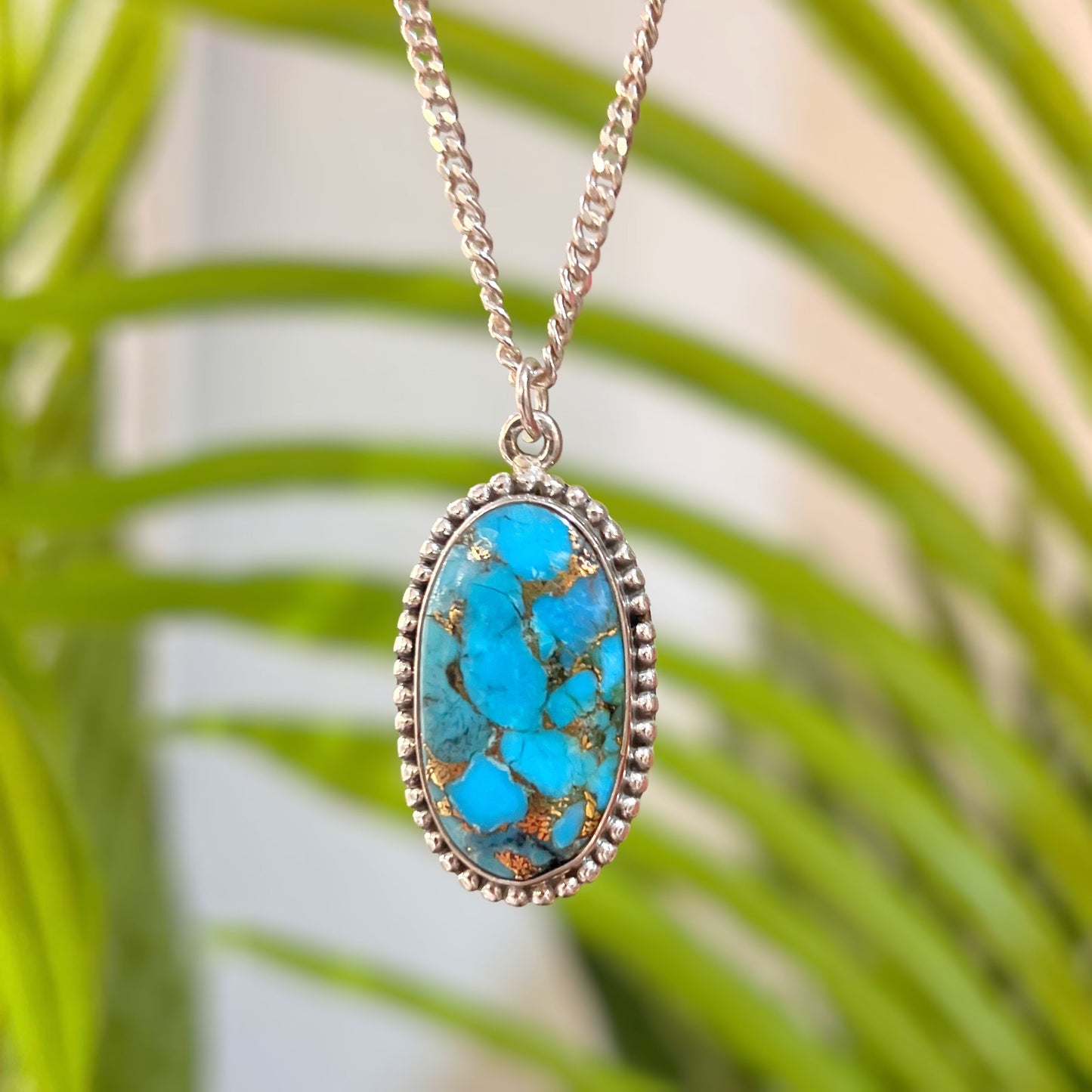 Sterling Silver Detailed Oval Turquoise Pendant