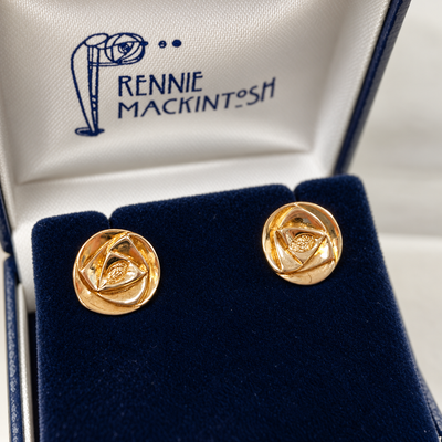 Vintage Charles Rennie Mackintosh Inspired Rose Motif Disc 9ct Yellow Gold Stud Earrings