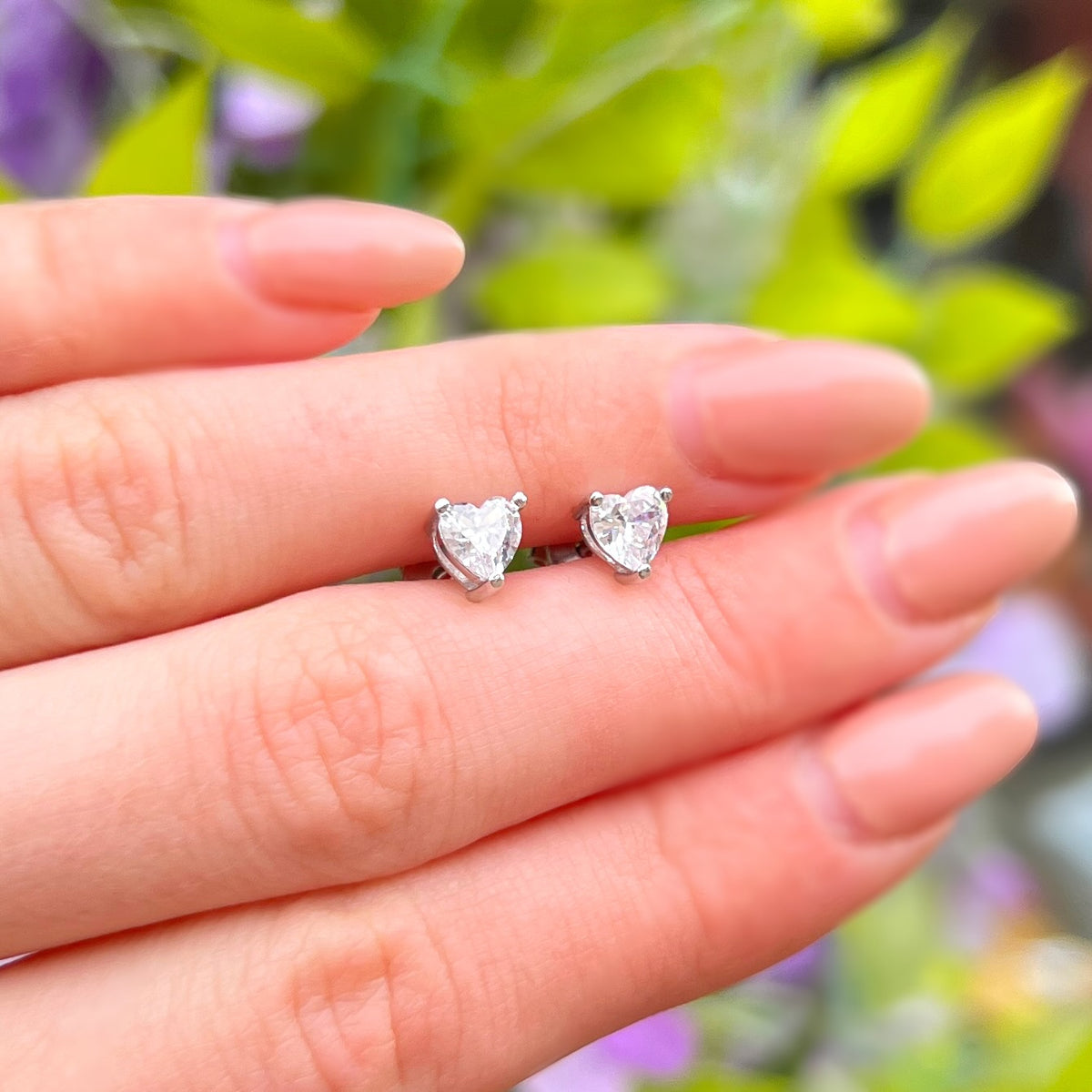 Claw Set Faceted Cubic Zirconia Sterling Silver Heart Stud Earrings