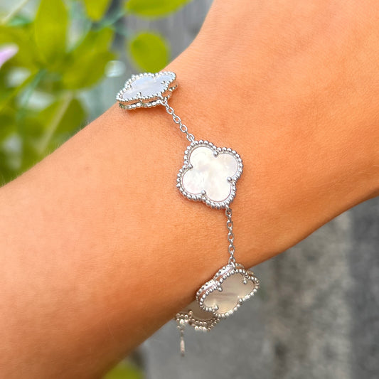 Sterling Silver White Mother of Pearl Clover Bracelet