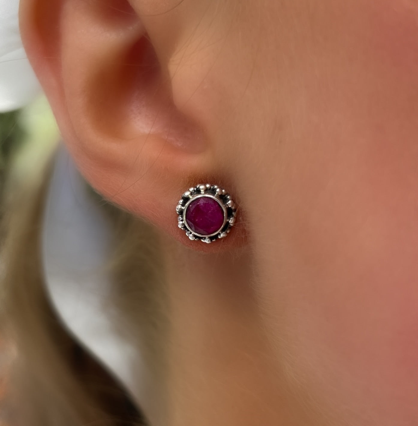 Brilliant Cut Bohemian Bezel Set Sterling Silver Red Ruby Stud Earrings