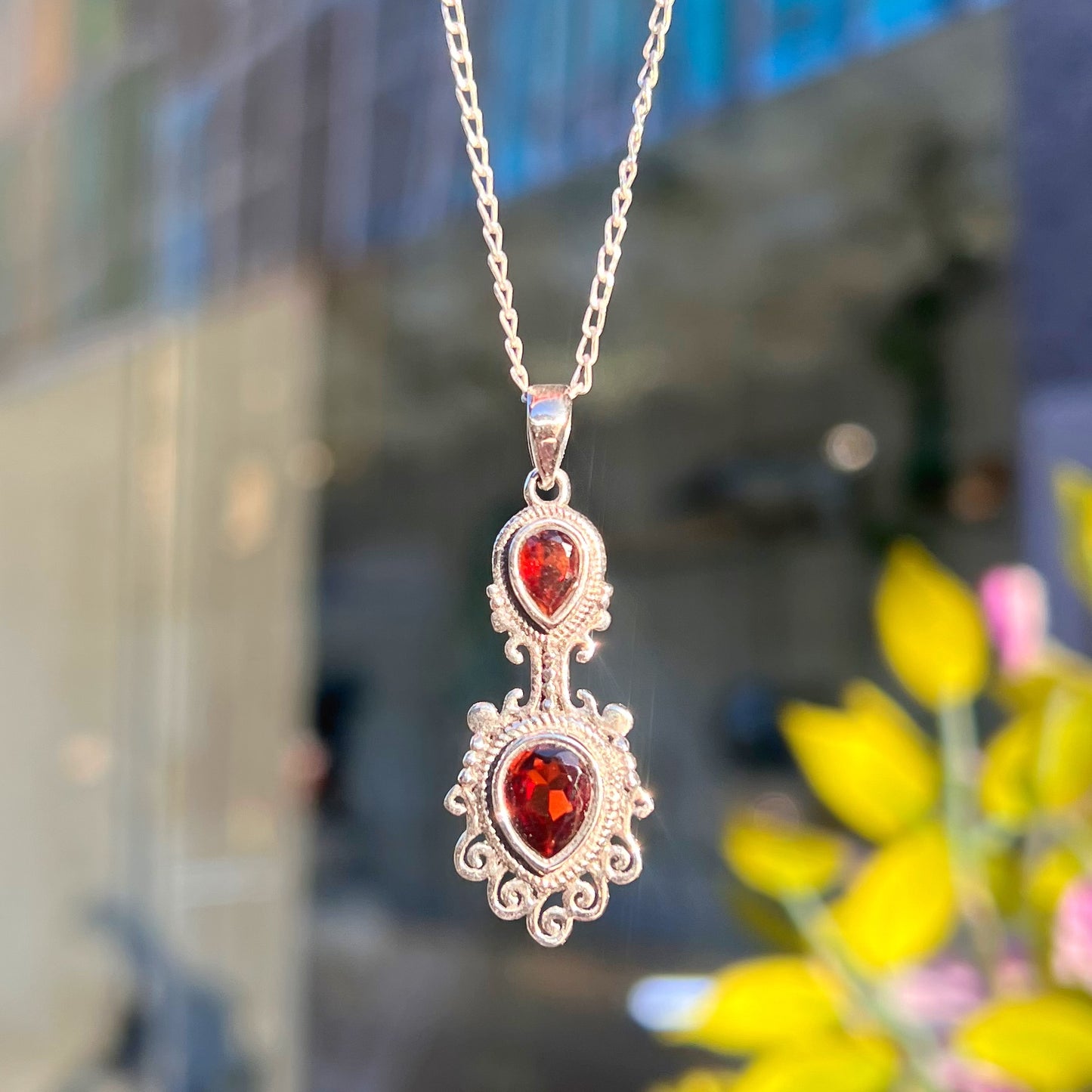 Sterling Silver Boho Inspired Pear Shaped Garnet Necklace