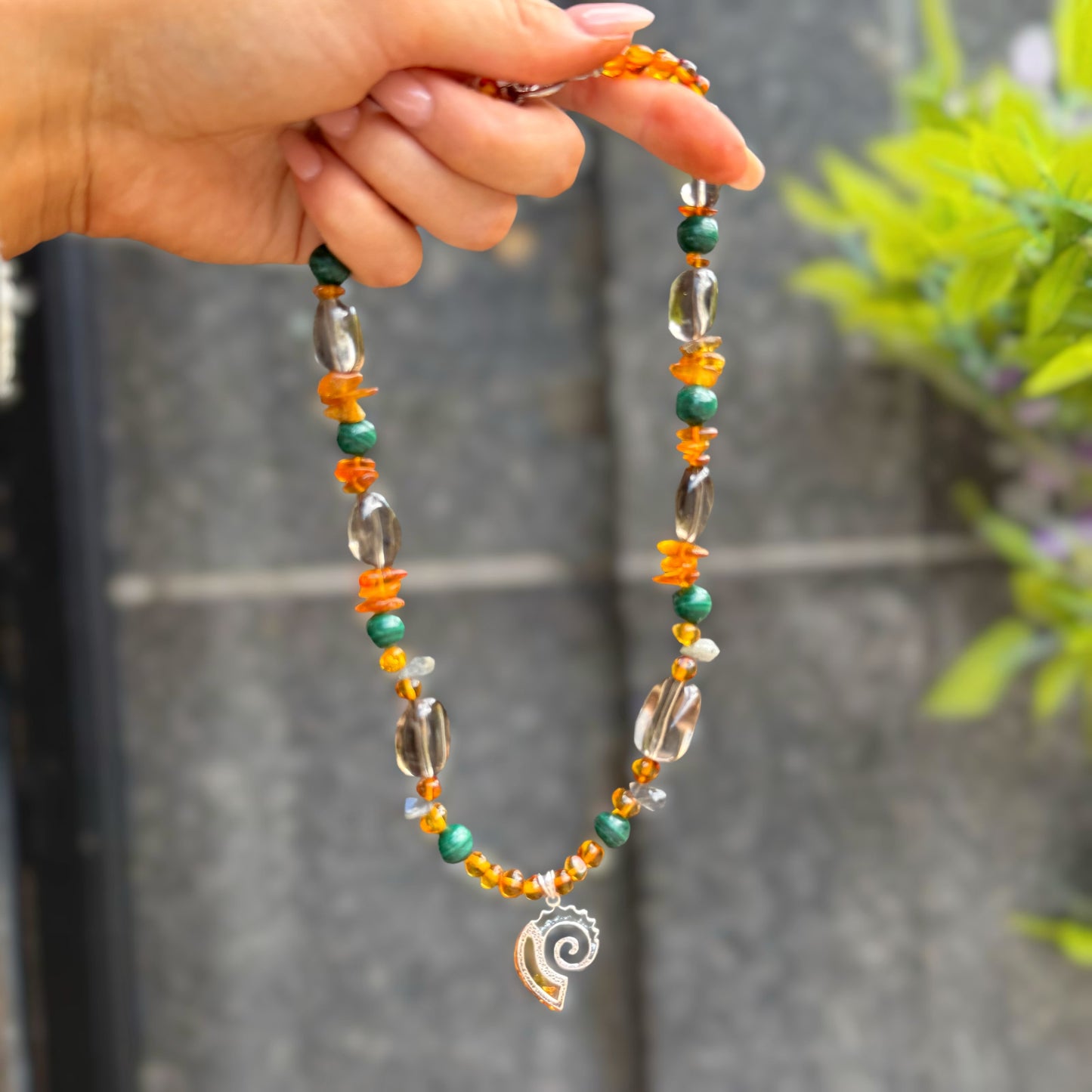 Orange Amber, Green Malachite, Dark Labradorite & Smoky Quartz Fossil Design Sterling Silver Beaded Necklace