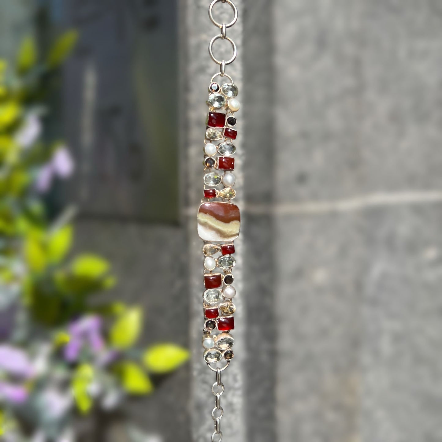 Agate, Pearl, Citrine, Topaz, Smoky Quartz & Carnelian Sterling Silver Bracelet