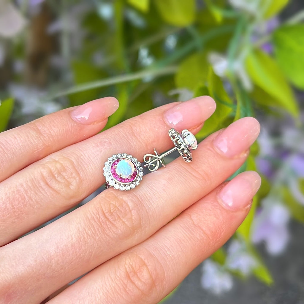 Ruby, Diamond & Opal 18ct White Gold Halo Stud Earrings