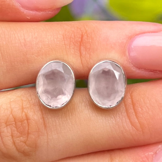 Sterling Silver Pink Rose Quartz Oval Faceted Stud Earrings