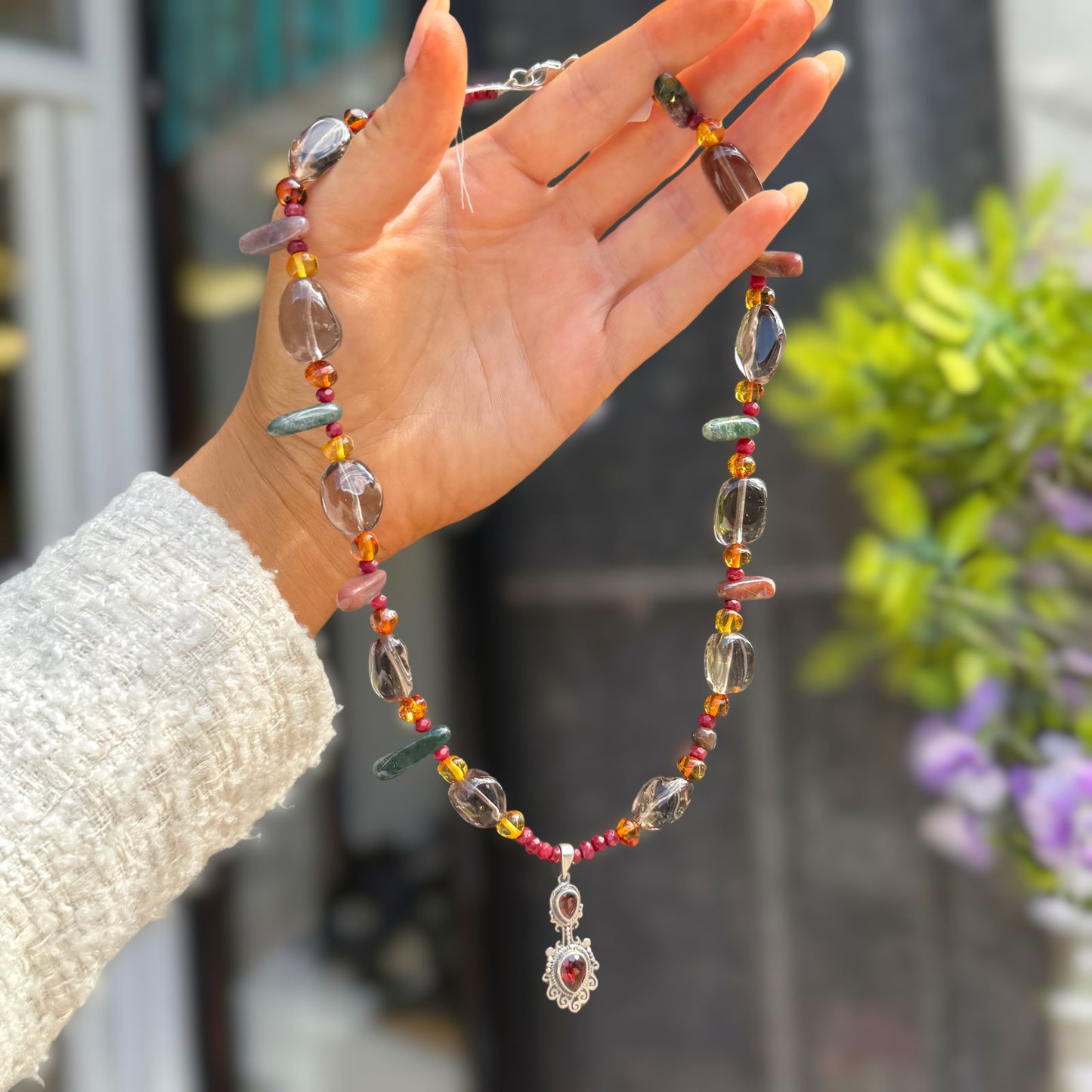 Amber, Carnelian, Garnet, Agate, & Smoky Quartz Sterling Silver Beaded Necklace