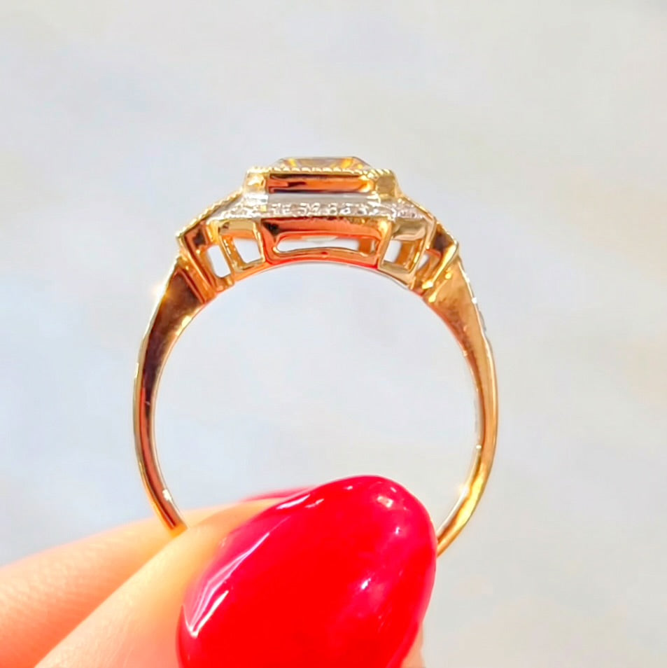 RESERVED | Art Deco Inspired Green Amethyst and Pink Tourmaline 9ct Yellow Gold Ring | Size O ½