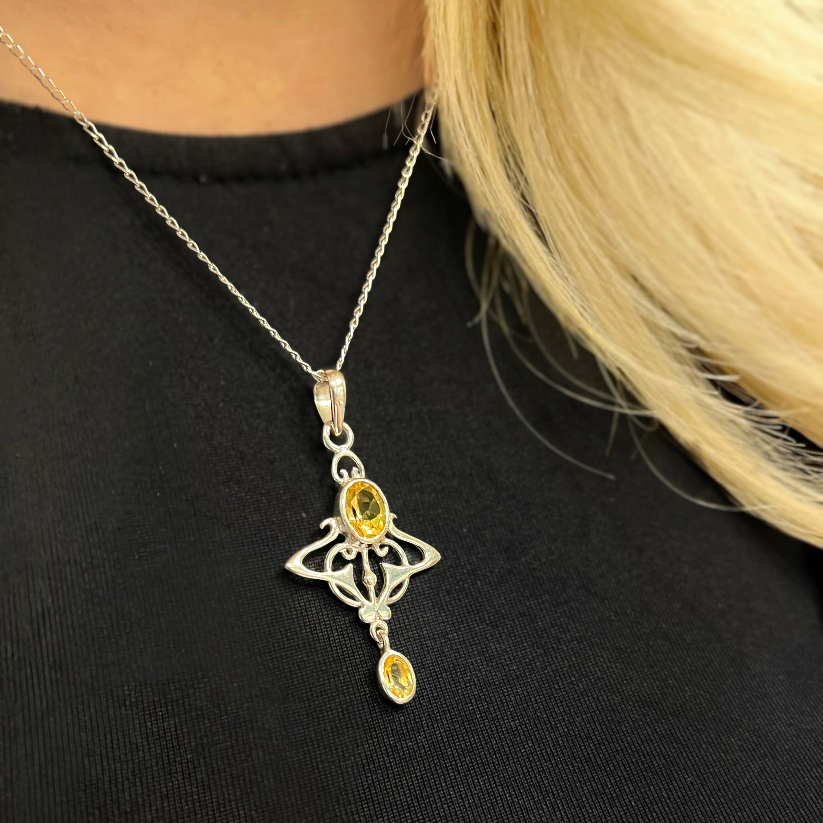 Citrine Sterling Silver Art Nouveau Inspired Necklace