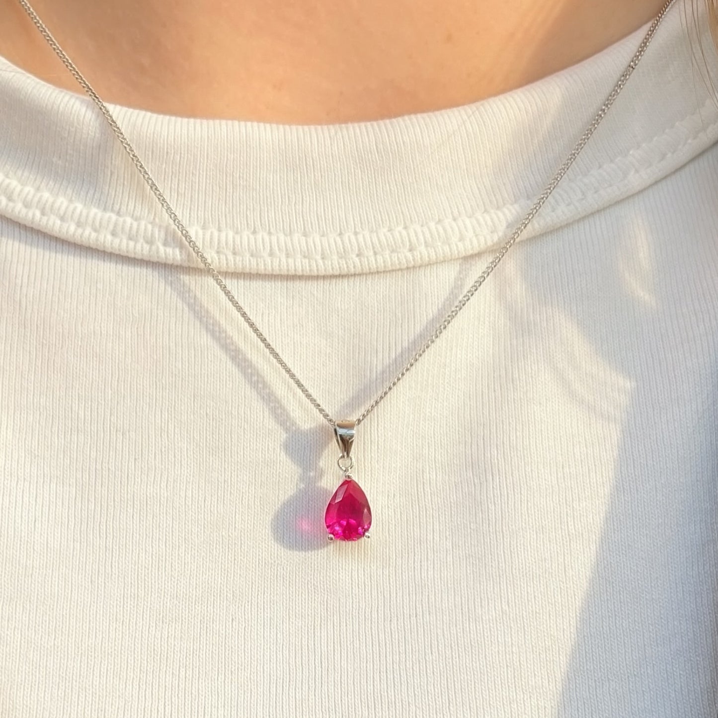 Sterling Silver Pear-Cut Lab-Grown Ruby Matching Necklace and Earring Set