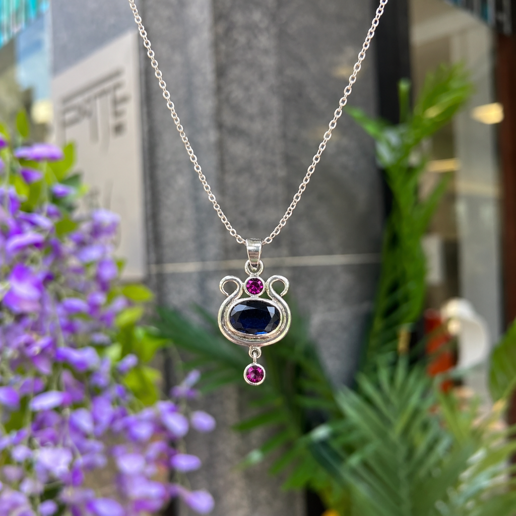 Unique Handmade Sapphire & Tourmaline Sterling Silver Pendant & Chain