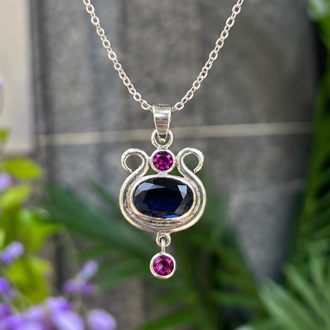 Unique Handmade Sapphire & Tourmaline Sterling Silver Pendant & Chain