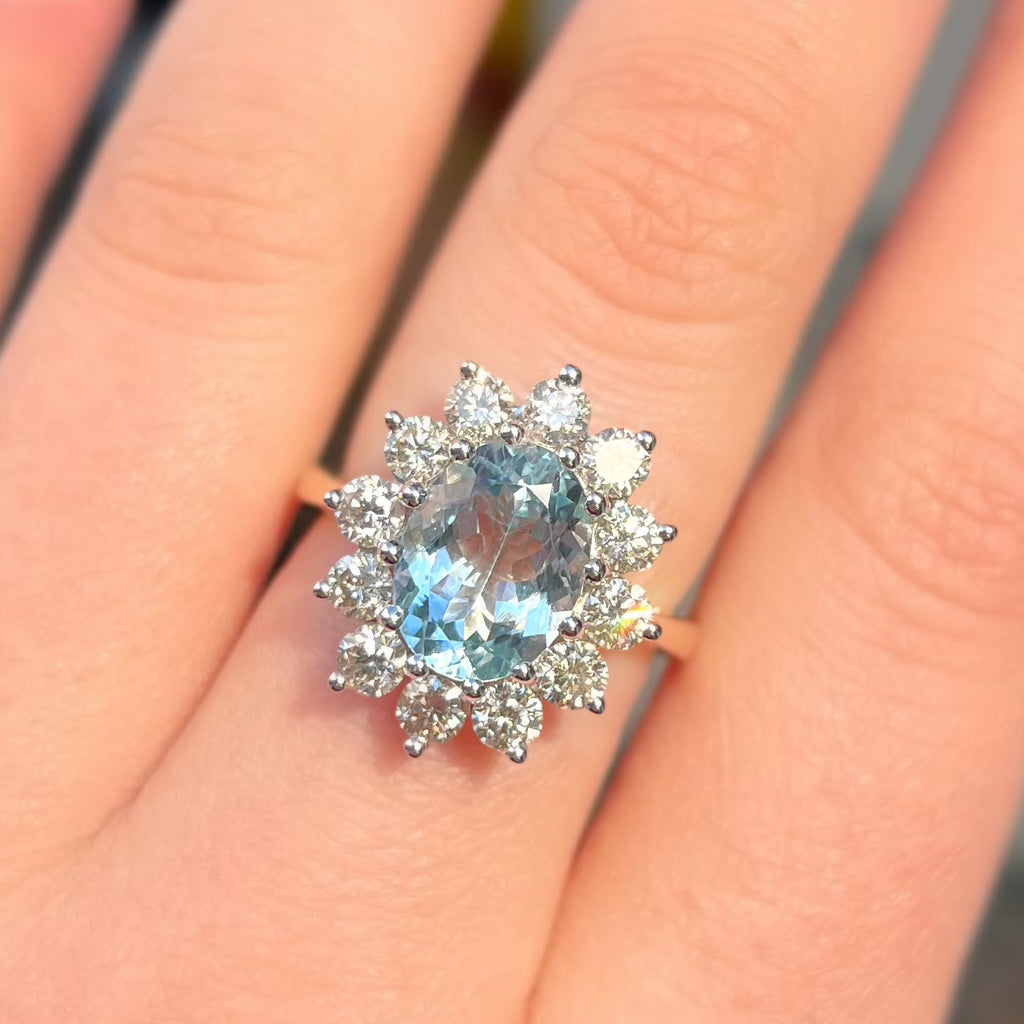 Aquamarine and Diamond Classic Cluster 14ct Yellow Gold Ring | Size N ½