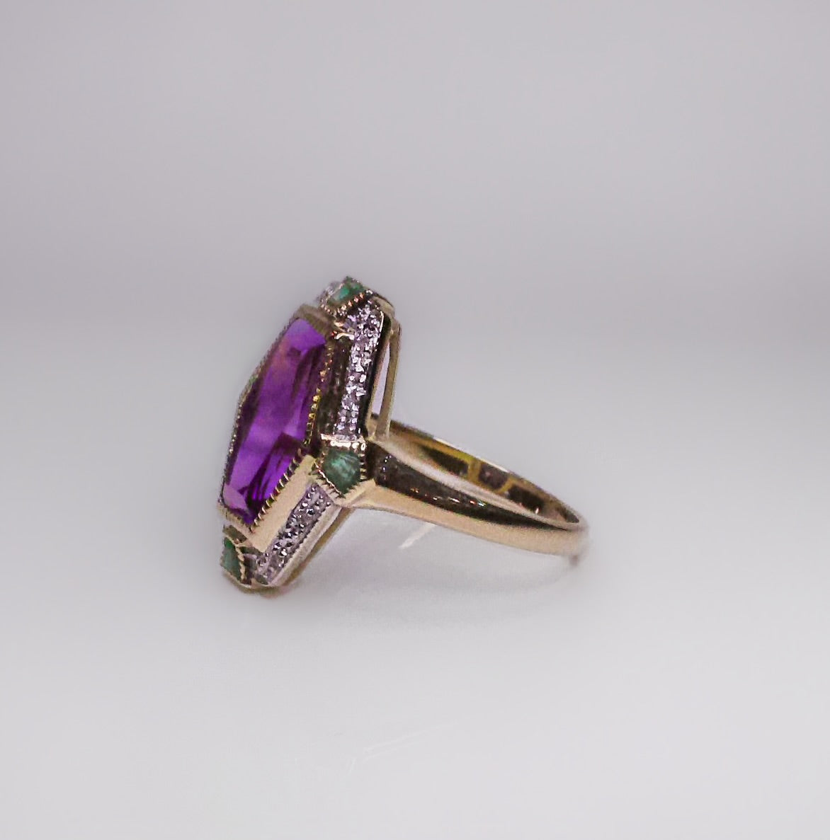 Art Deco Inspired 9ct Yellow Gold Amethyst Emerald and Diamond Ring- Size N