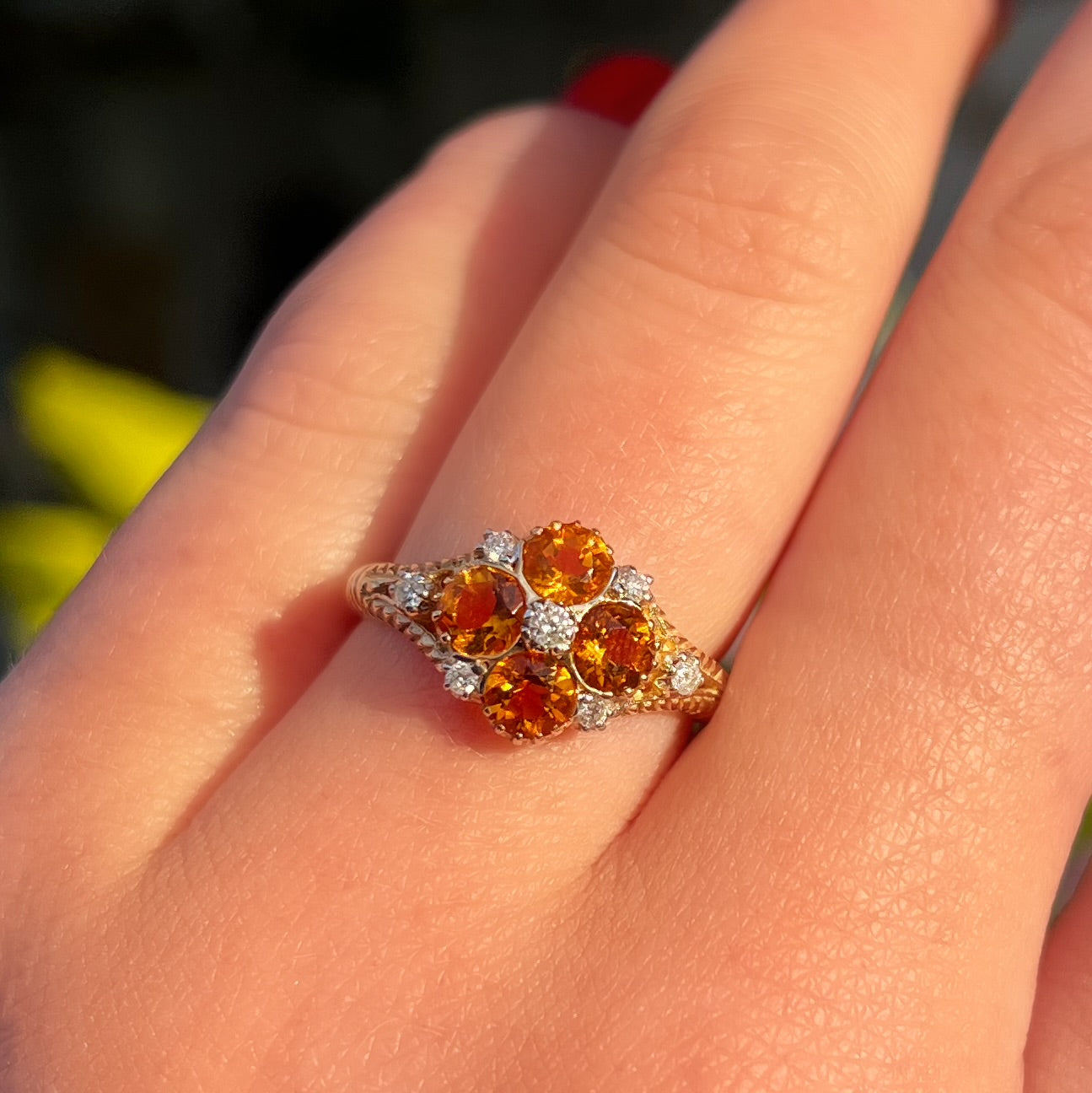 Victorian Inspired 9ct Yellow Gold Citrine and Diamond Forget-me-not Ring - Size M 1/2