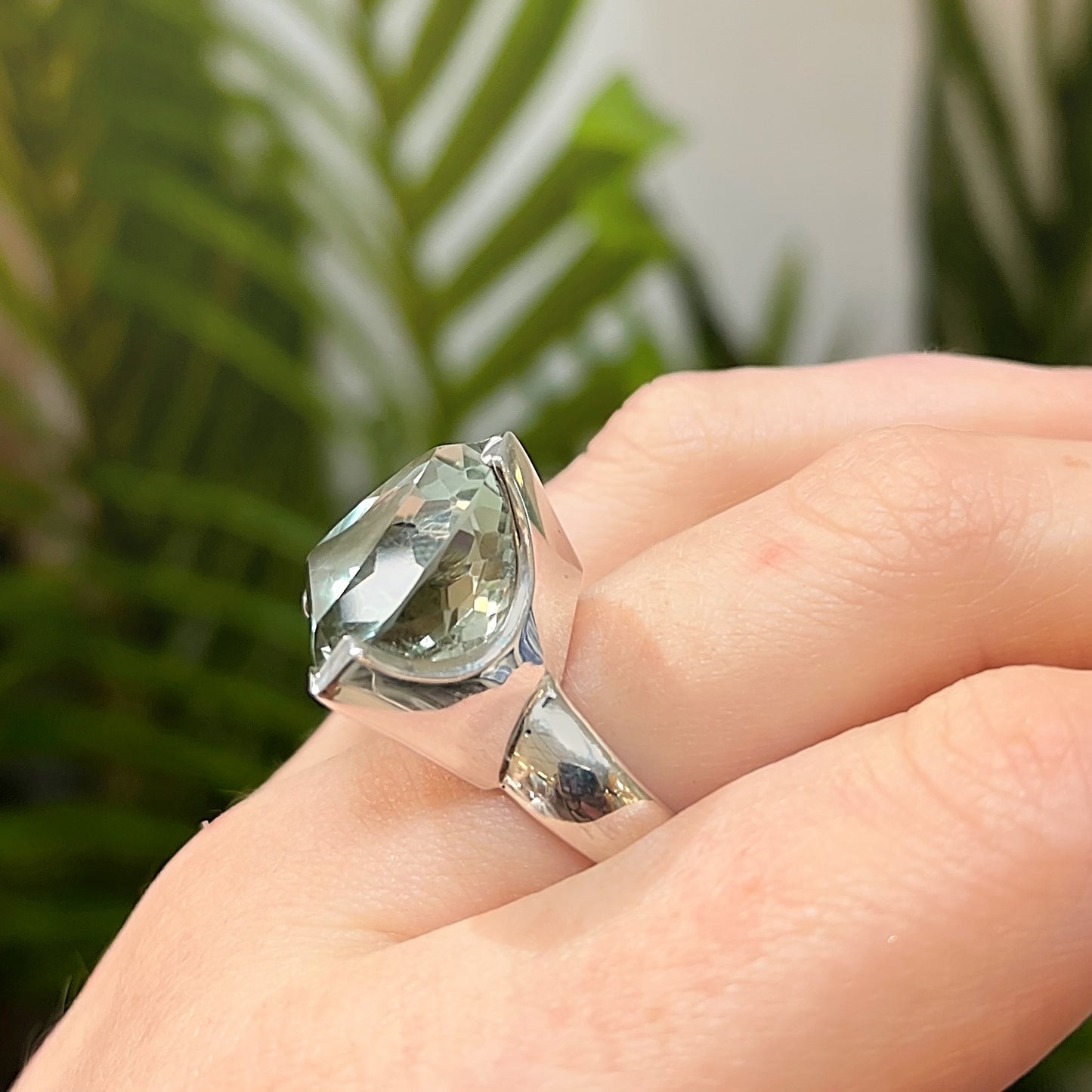 Chunky Sterling Silver Trillion-Cut Green Amethyst Cocktail Ring - Size R ½