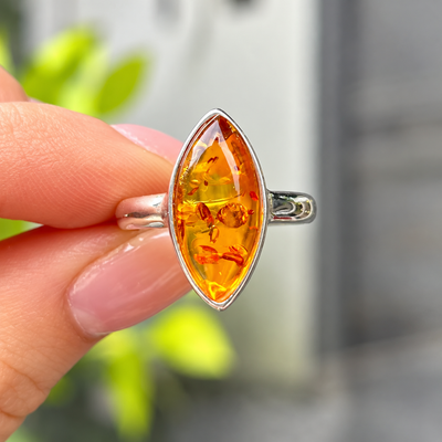 Orange Amber Sterling Silver Marquise Cut Ring | Size M