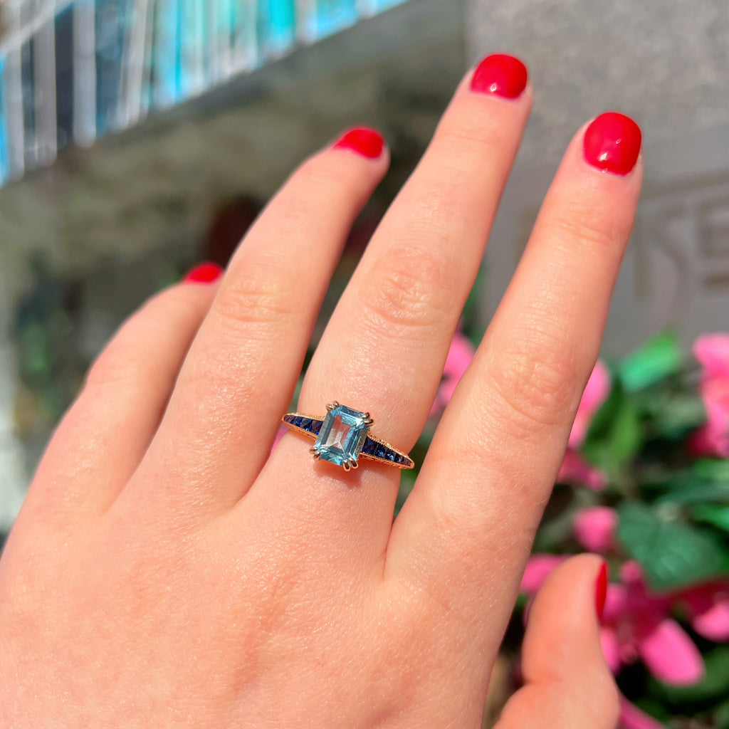 Blue Topaz Sapphire and Diamond 9ct Yellow Gold Engagement Ring | Size M ½