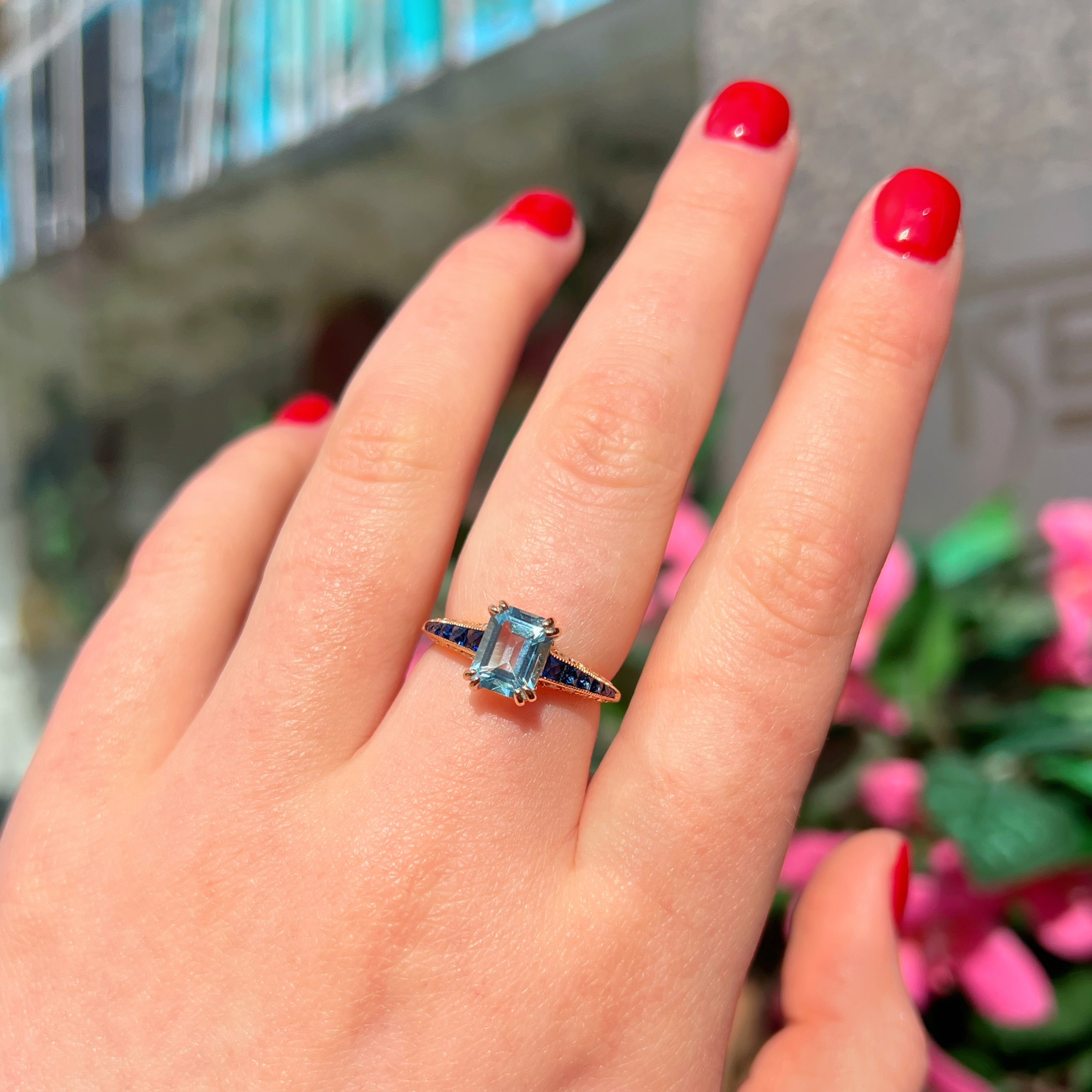 Blue Topaz Sapphire and Diamond 9ct Yellow Gold Engagement Ring | Size M ½