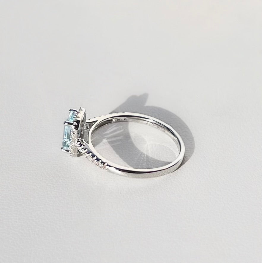 Classy 9ct White Gold Emerald Cut Aquamarine and Diamond Halo Ring - Size N