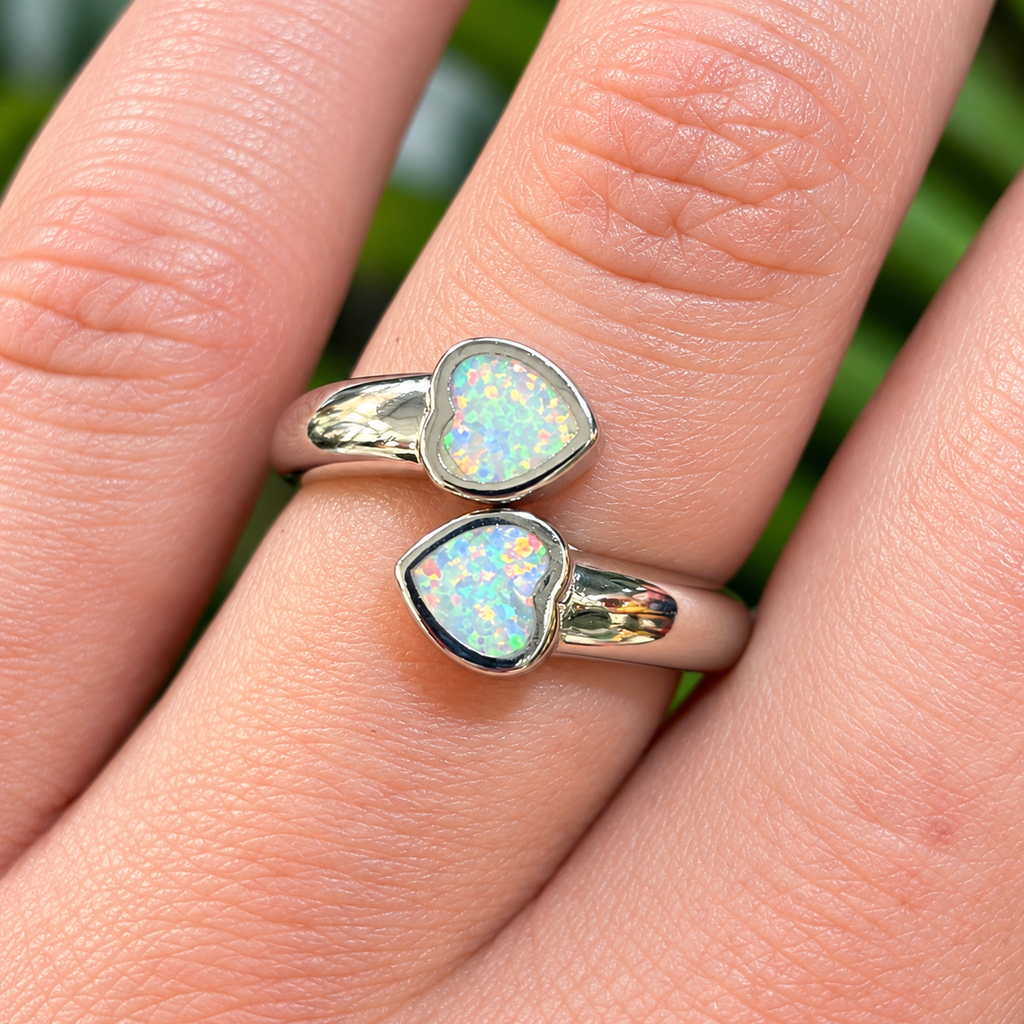 Two Hearts White Opal Sterling Silver Ring | Adjustable Size