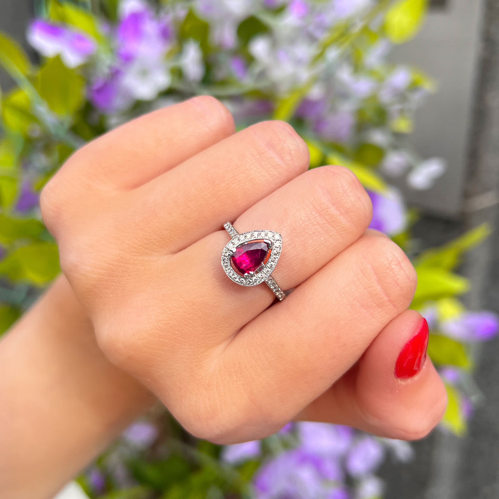 Ruby and Diamond Pear Shaped 18ct White Gold Ring | Size N