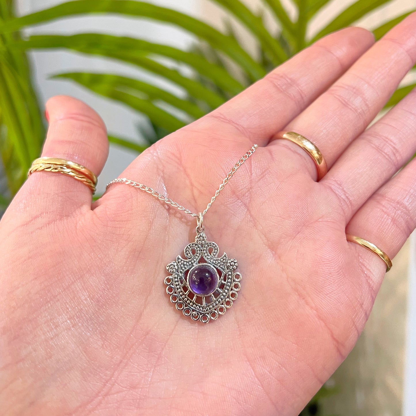 Ornate Sterling Silver Filigree Amethyst Necklace