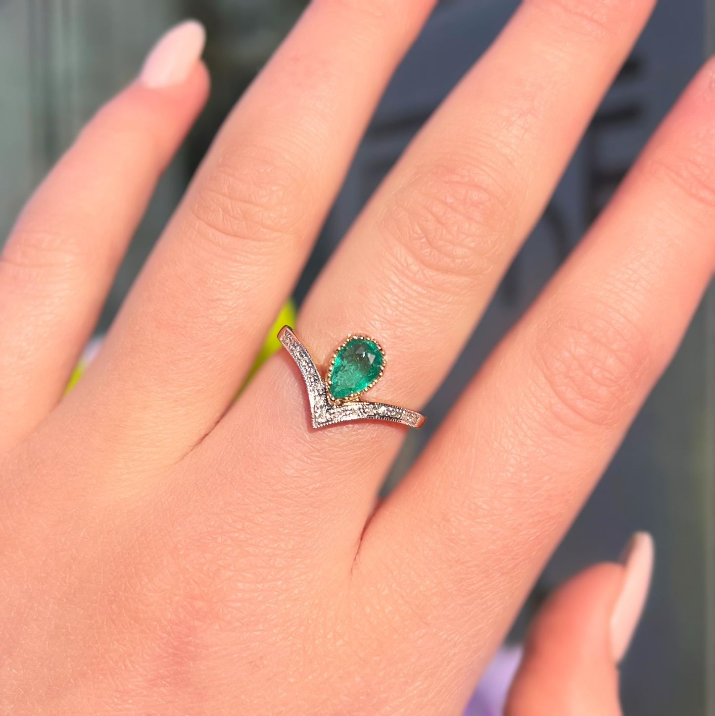 'Ariel' Ring - 9ct Yellow Gold Emerald and Diamond Wishbone Size N ½