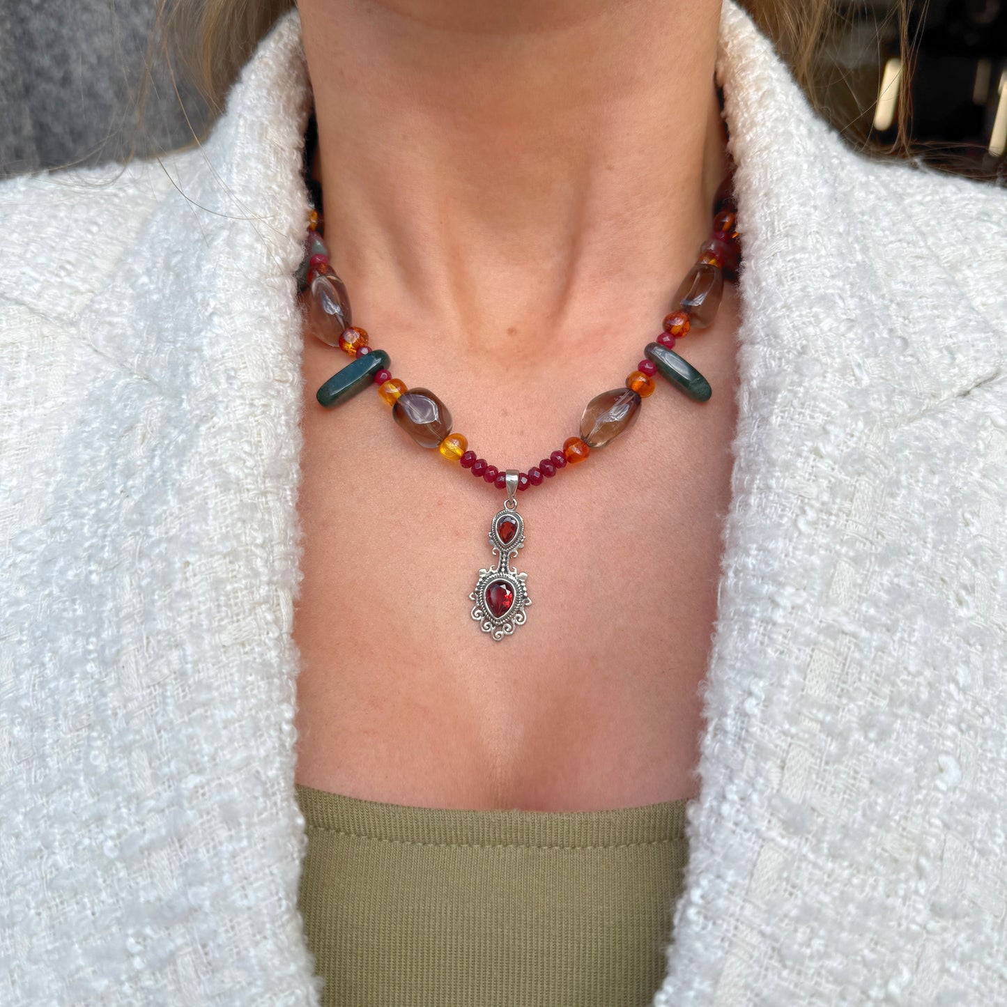 Amber, Carnelian, Garnet, Agate, & Smoky Quartz Sterling Silver Beaded Necklace