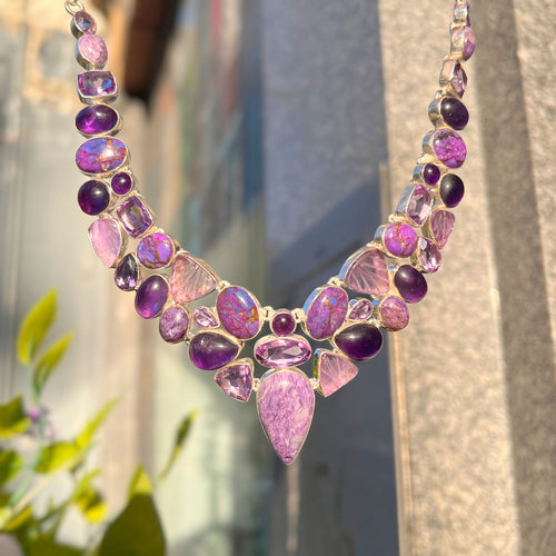 Amethyst, Mohave Turquoise and Charoite Sterling Silver Chunky Necklace