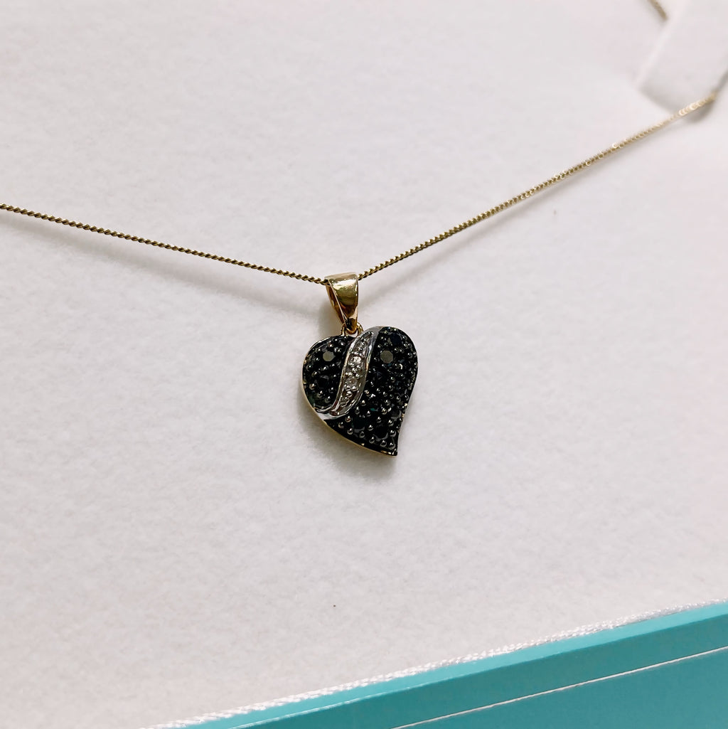 Vintage Black Diamond 9ct Yellow Gold Witch's Heart Necklace
