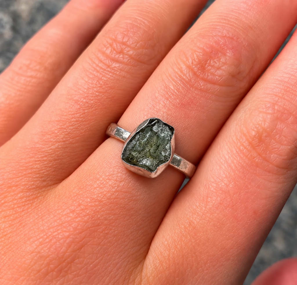 Rough Cut Green Moldavite Sterling Silver Ring | Size O