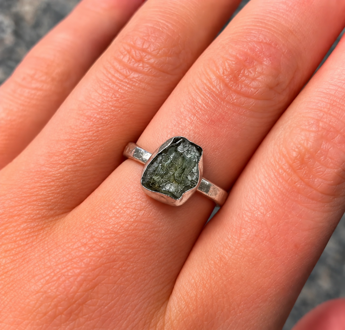 Rough Cut Green Moldavite Sterling Silver Ring | Size O