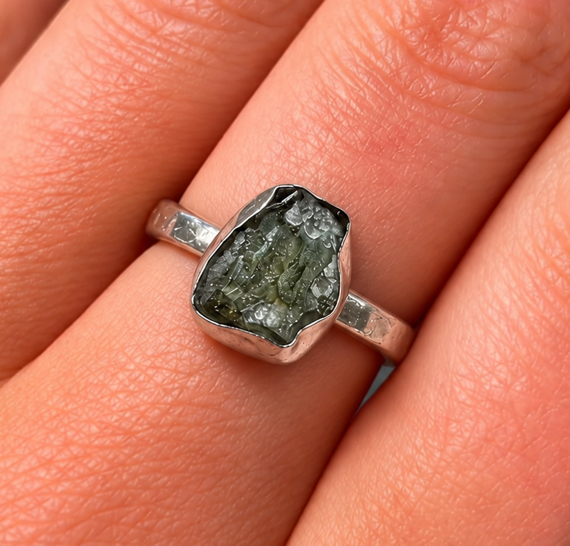 Rough Cut Green Moldavite Sterling Silver Ring | Size O