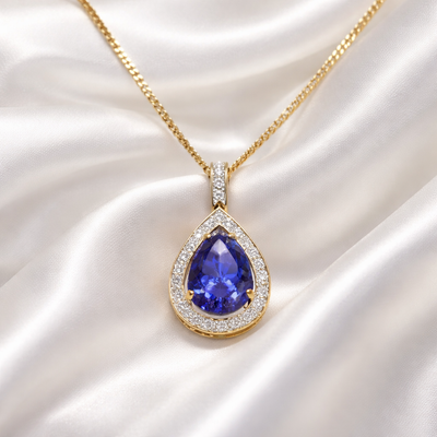 Vintage Pear Shaped Blue Tanzanite and Diamond 18ct Yellow Gold Necklace
