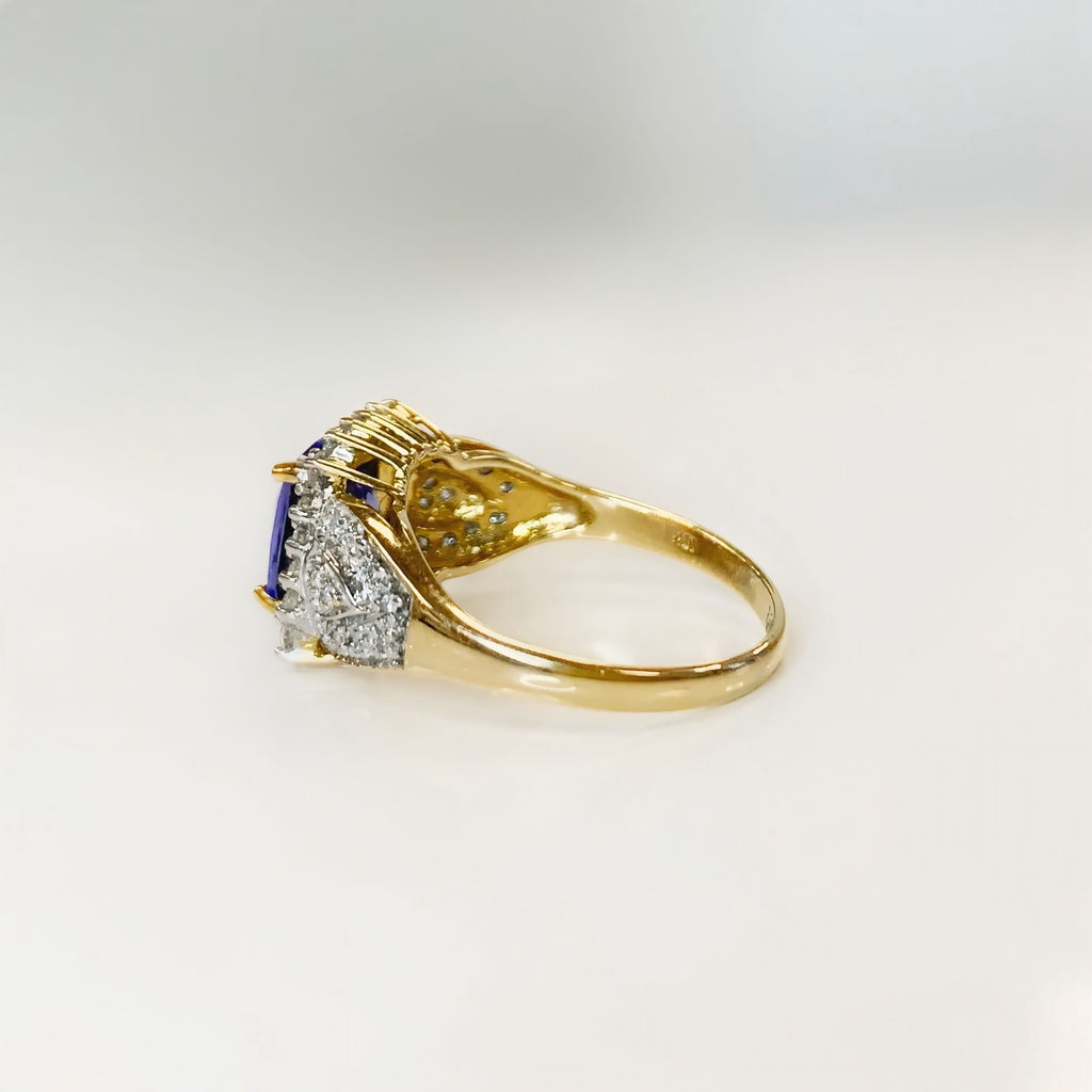 Vintage Indigo Tanzanite and Diamond 18ct Yellow Gold Cluster Chunky Ring | Size N