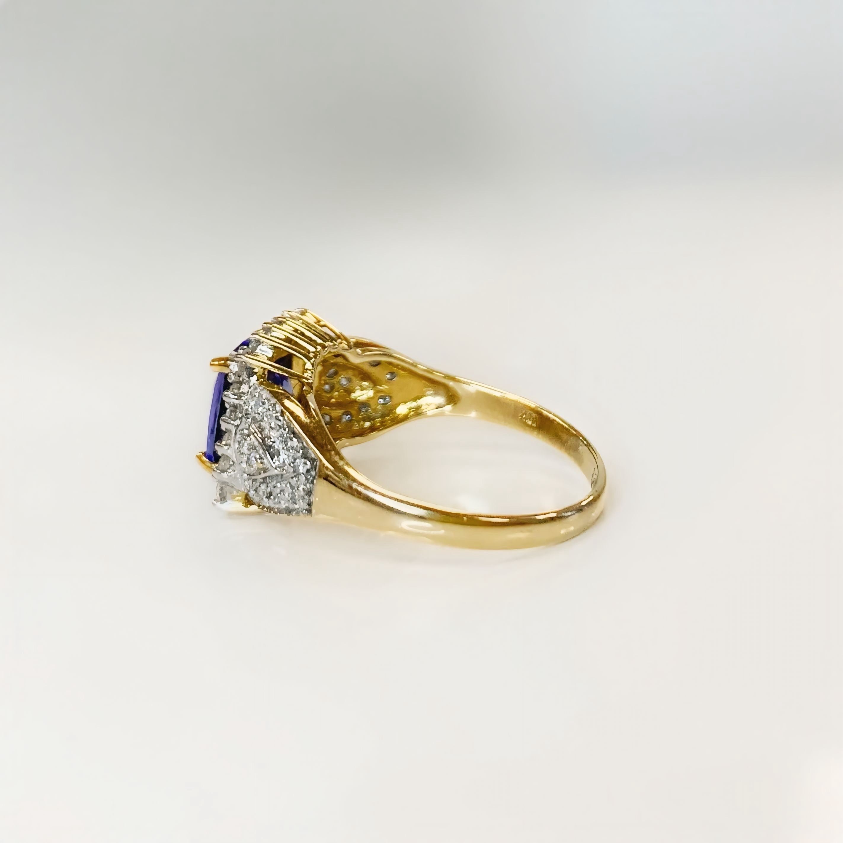 Vintage Indigo Tanzanite and Diamond 18ct Yellow Gold Cluster Chunky Ring | Size N