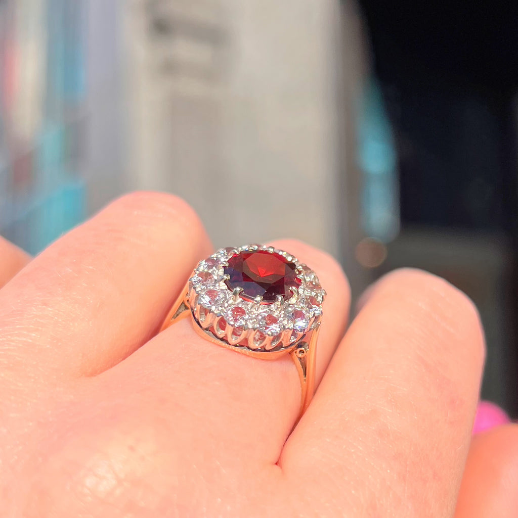 Vintage Garnet and Topaz 9ct Yellow Gold Cocktail Ring | Size R ½