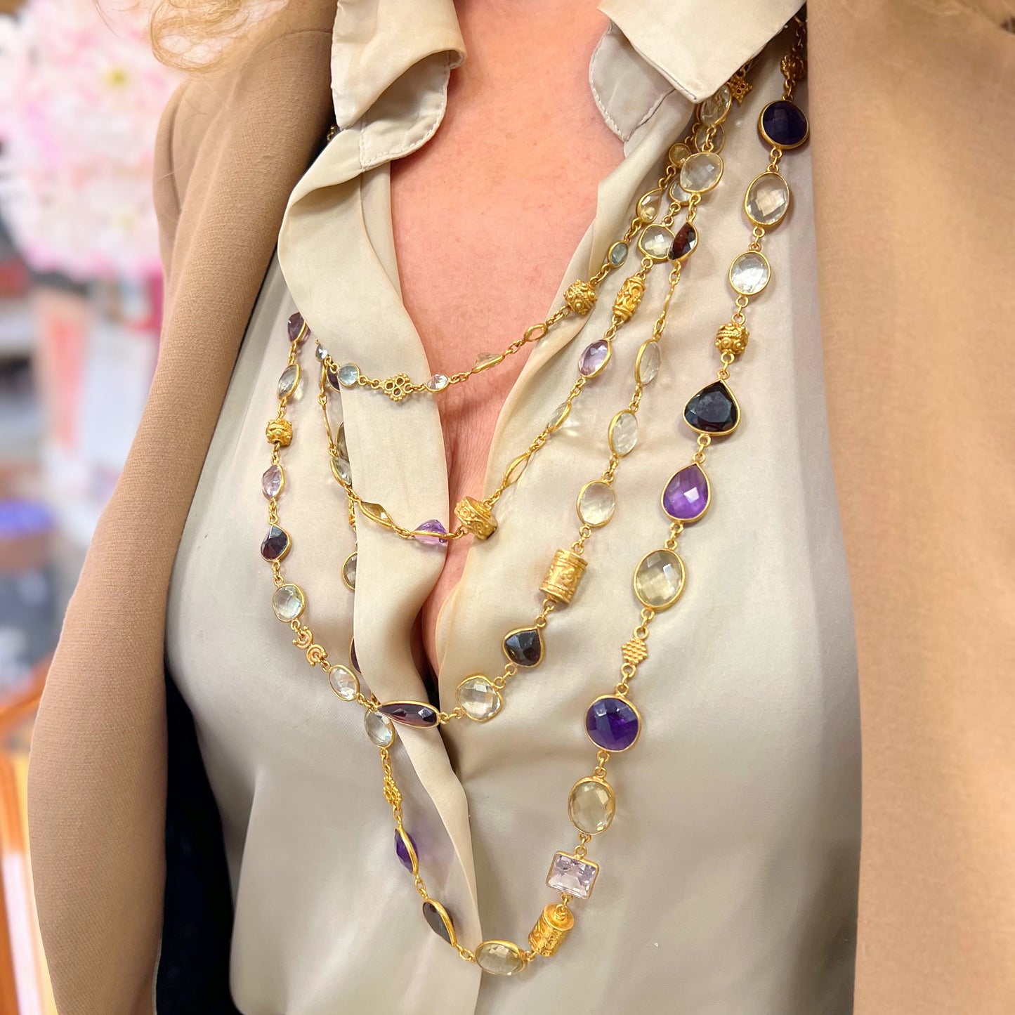 Beautiful Silver Gilt Multi Gemstone Waterfall Layered Necklace