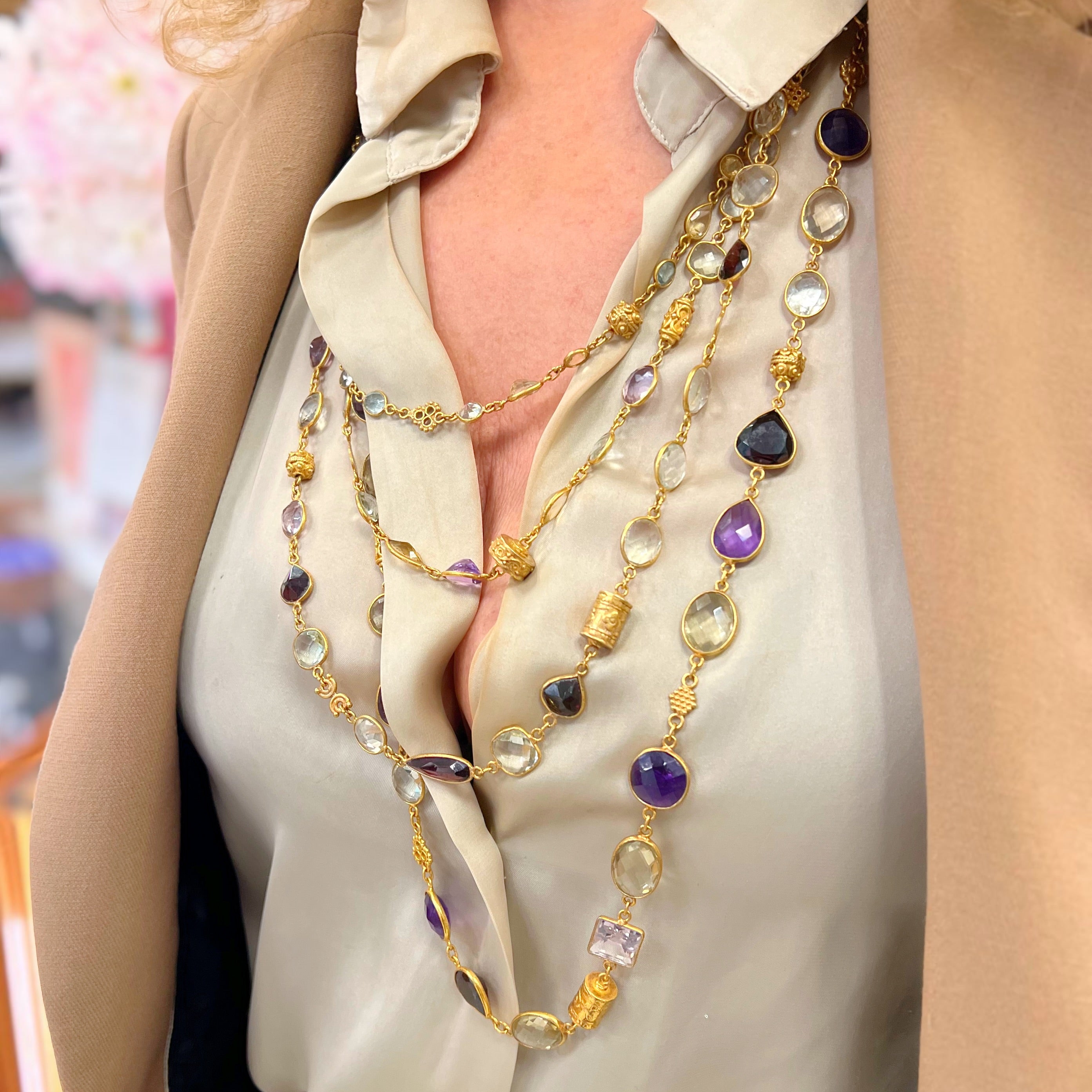 Multi Gemstone Silver Gilt Waterfall Layered Necklace