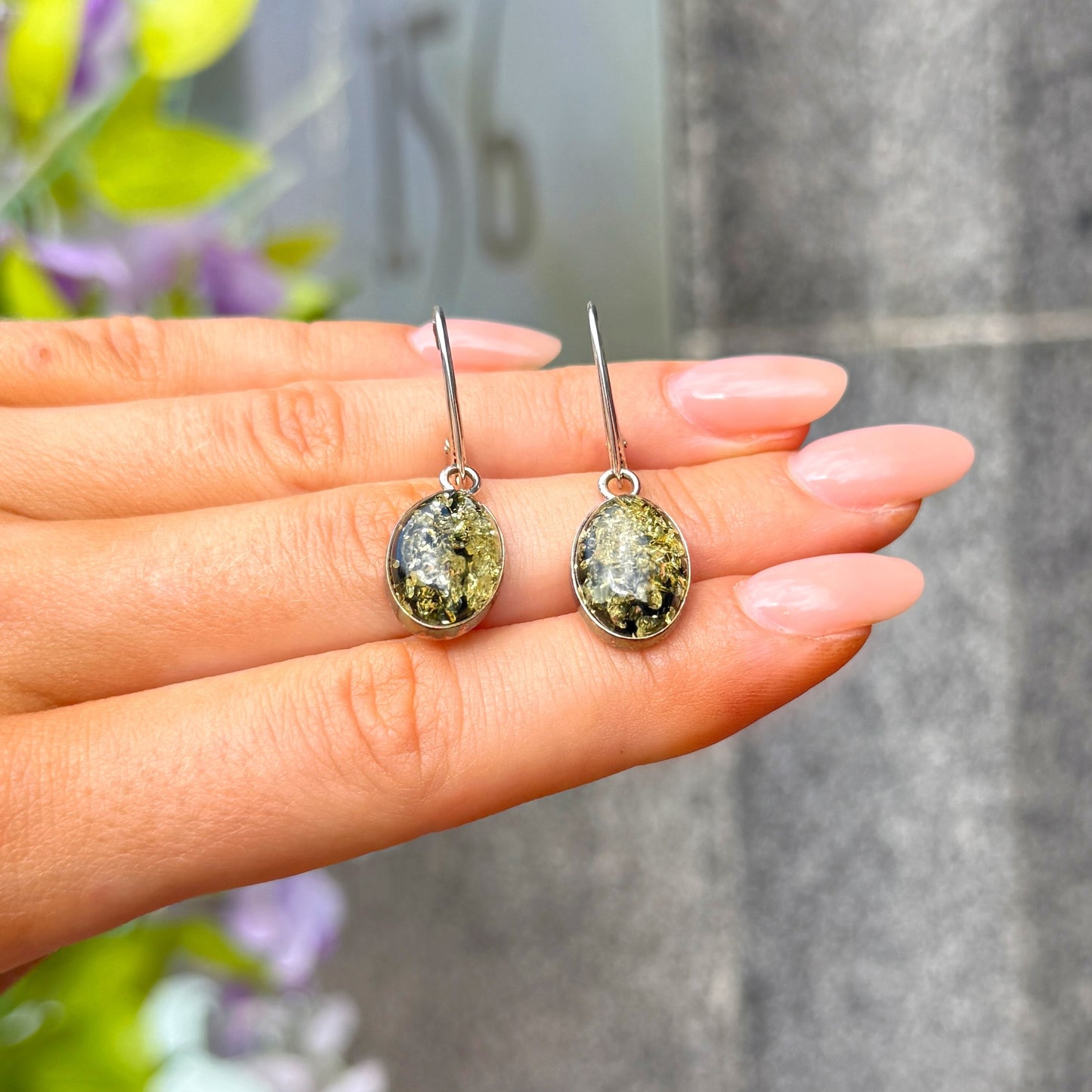 Green Amber Sterling Silver Oval Drop Earrings