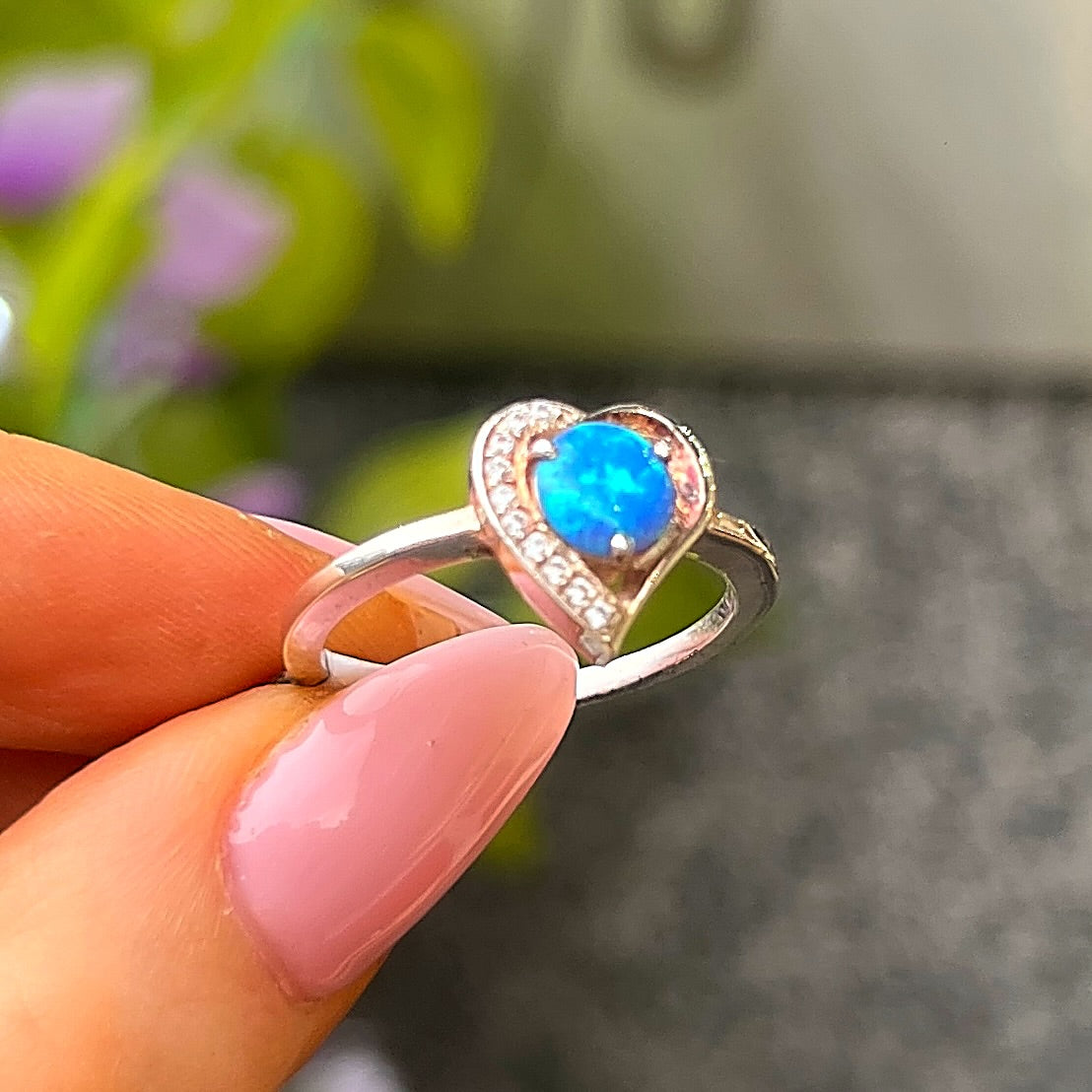 Sterling Silver Heart Design Blue Opal & Cubic Zirconia Ring - Size O