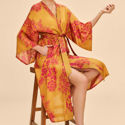 Mustard Yellow & Pink Tapestry Long Kimono Gown | Powder Accessories