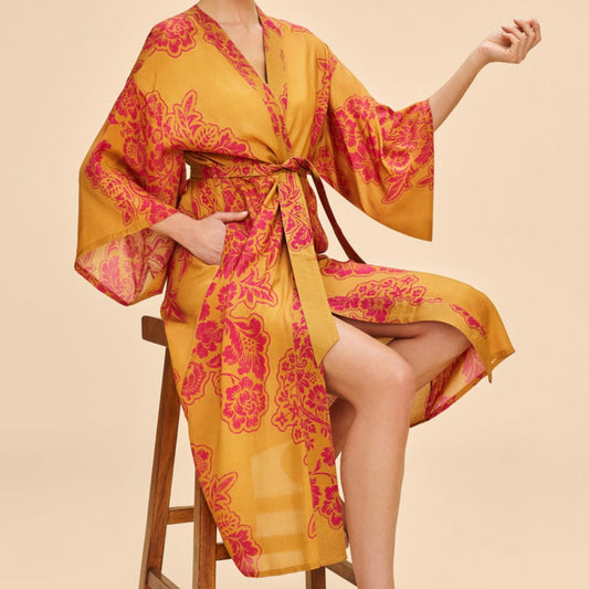 Powder Accessories Mustard Yellow & Pink Tapestry Long Kimono Gown