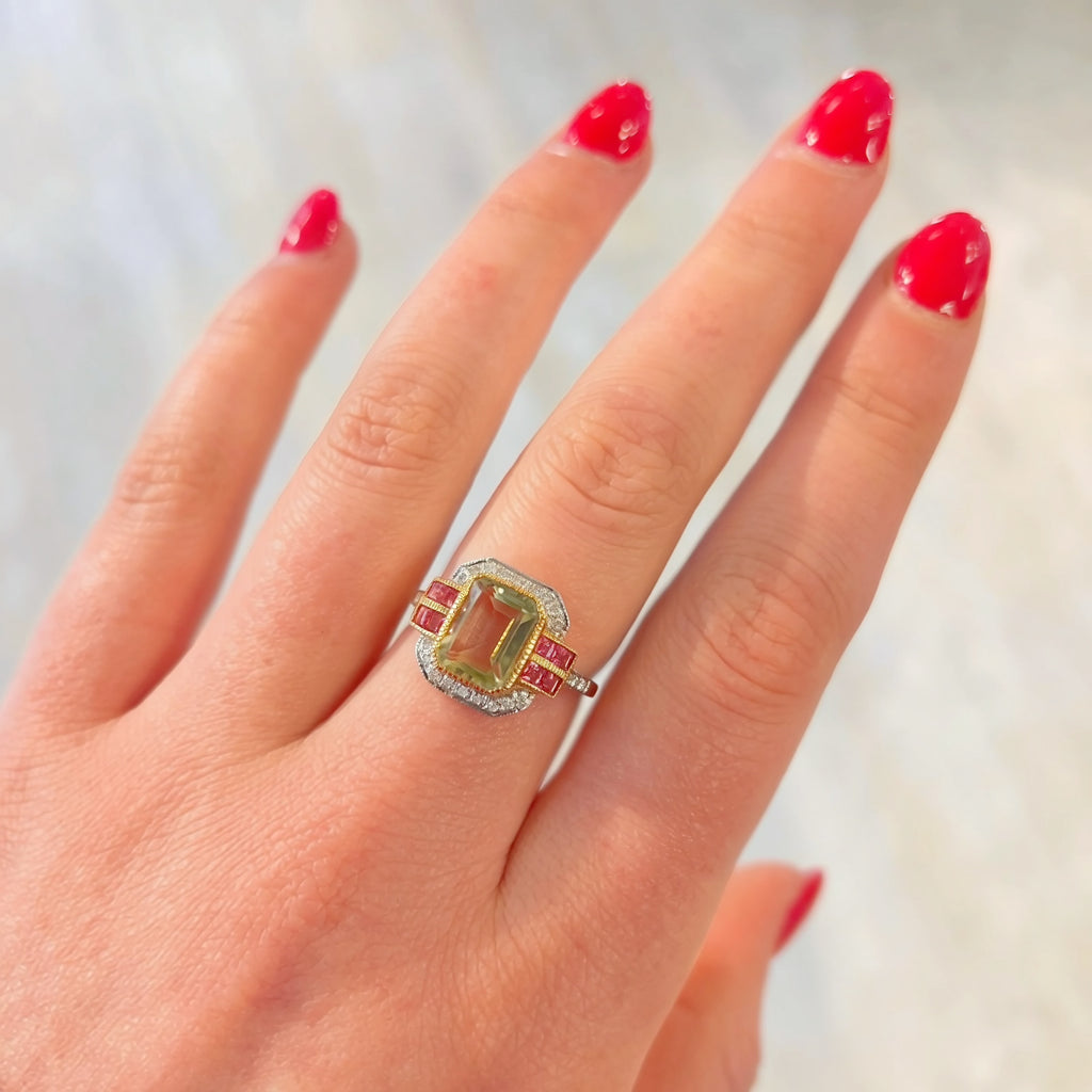 RESERVED | Art Deco Inspired Green Amethyst and Pink Tourmaline 9ct Yellow Gold Ring | Size O ½