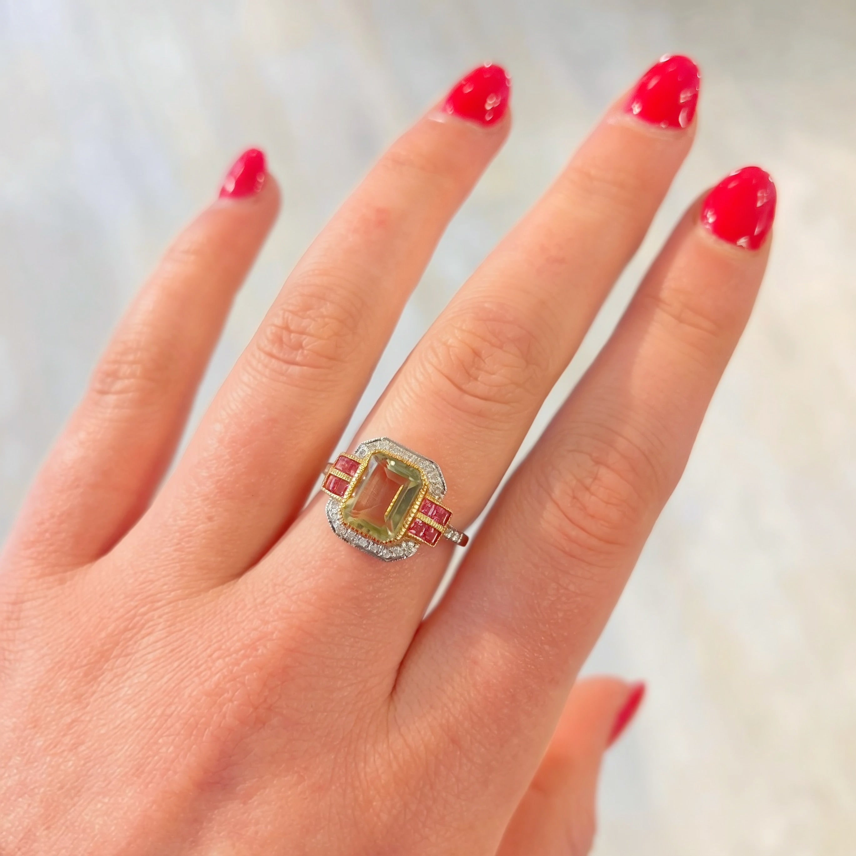 RESERVED | Art Deco Inspired Green Amethyst and Pink Tourmaline 9ct Yellow Gold Ring | Size O ½