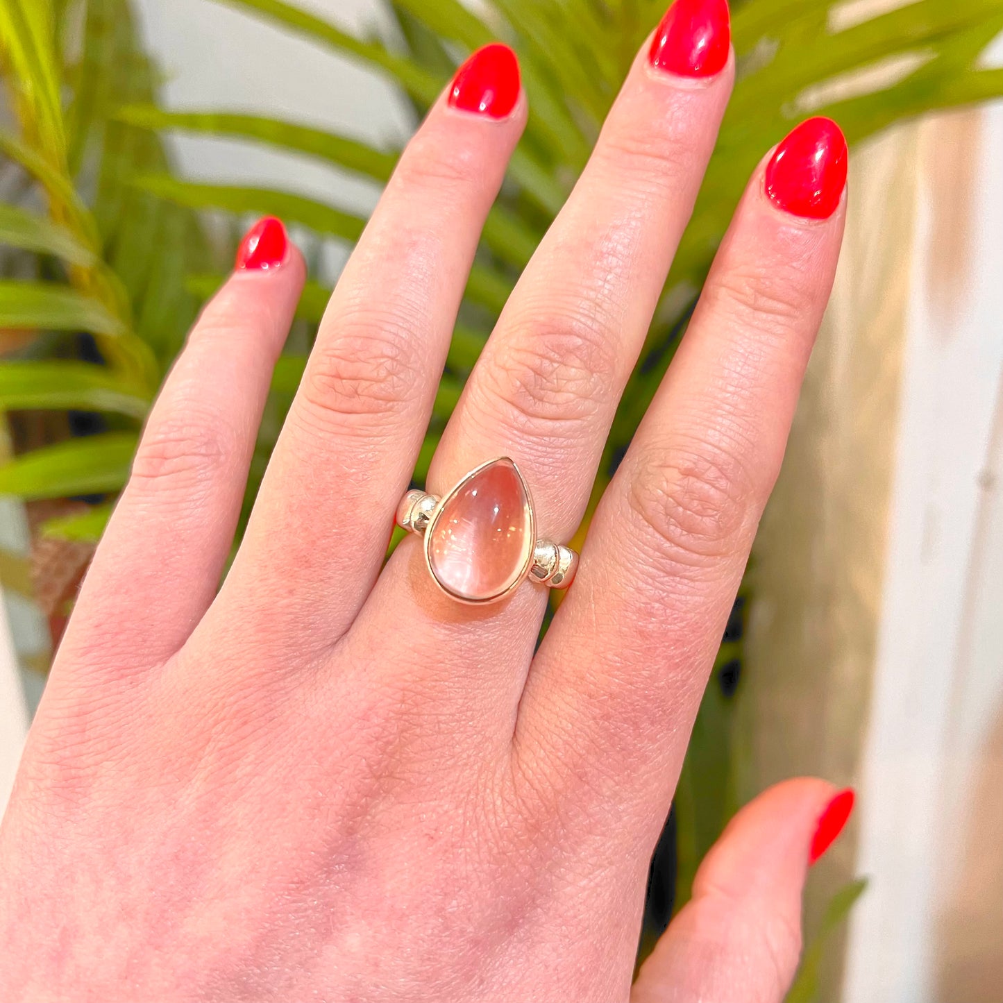 Pink Rose Quartz Sterling Silver Pear Cut Ring - Size O